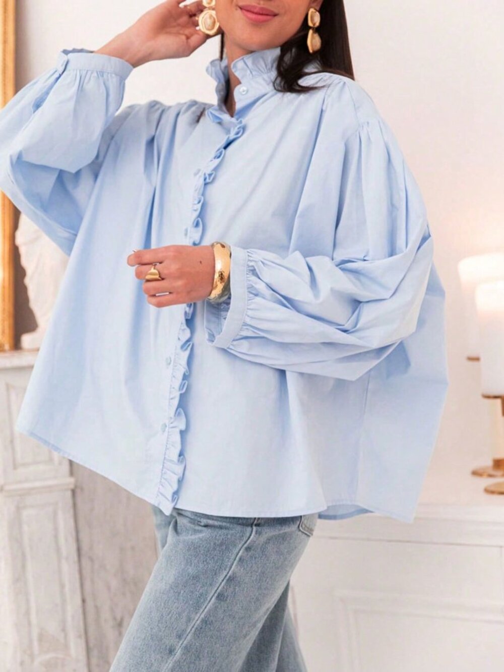 Baby Blue Casual Women's Loose Stand Collar Bishop Sleeve Chiffon Shirt